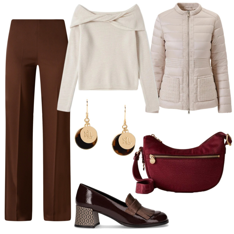 Outfit donna - Un tocco di classe. Stile Casual chic per Tutti i giorni. Abbinamento con piumini, pantaloni a palazzo, maglieria, borse a tracolla, orecchini, mocassini.
