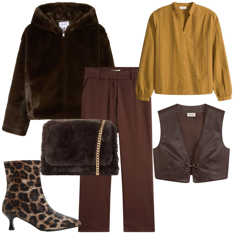 Outfit donna - Total look #2294797. Stile Chic per Serata fuori. Abbinamento con gilet, pantaloni, bluse, stivaletti, ecopellicce, borse a tracolla.