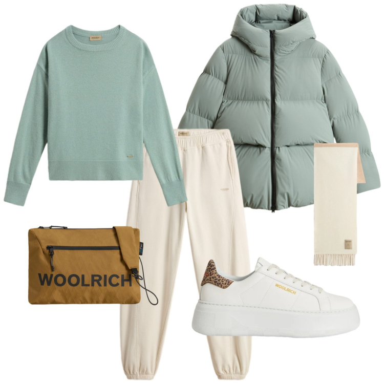 Outfit donna - Sporty. Stile Sporty chic per Tutti i giorni. Abbinamento con pantaloni, sciarpe, sneakers, piumini, maglieria, borse a tracolla.