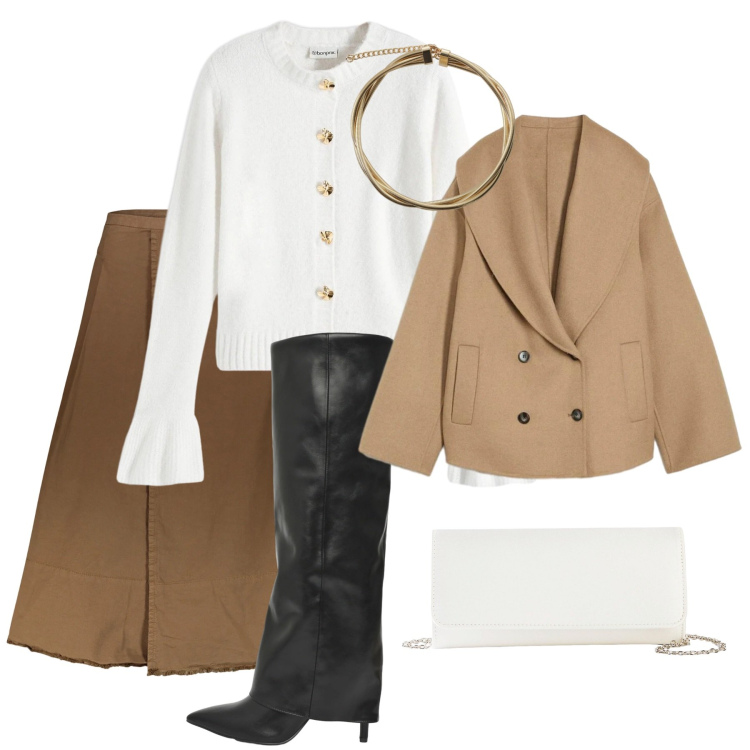 Outfit donna - Vaniglia e cacao. Abbinamento con pochette, blazer, cardigans, stivali, collane, gonne lunghe.