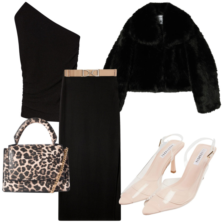Outfit donna - Total black. Stile Chic per Serata fuori. Abbinamento con borse a tracolla, cinture, sandali col tacco, gonne lunghe, top, ecopellicce.