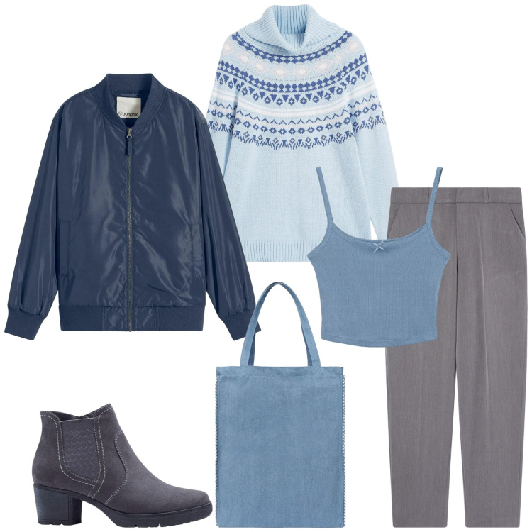 Outfit donna - Total look #2294803. Stile Casual chic per Tutti i giorni. Abbinamento con maglieria, stivaletti, bomber, pantaloni chino, borse tote, magliette intime.
