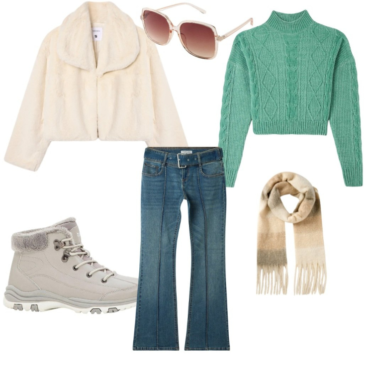 Outfit donna - Total look #2294804. Stile Casual chic per Tutti i giorni. Abbinamento con stivaletti, occhiali da sole, jeans a zampa, maglieria, sciarpe, ecopellicce.