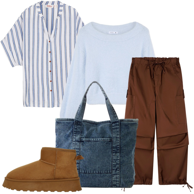 Outfit donna - La borsa denim. Stile Casual per Tutti i giorni. Abbinamento con shopping bag, camicie, stivali, pantaloni cargo, maglieria.