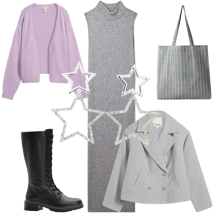 Outfit donna - Total look #2294806. Stile Urban per Serata fuori. Abbinamento con caban, stivali, cardigans, orecchini, vestiti senza maniche, shopping bag.