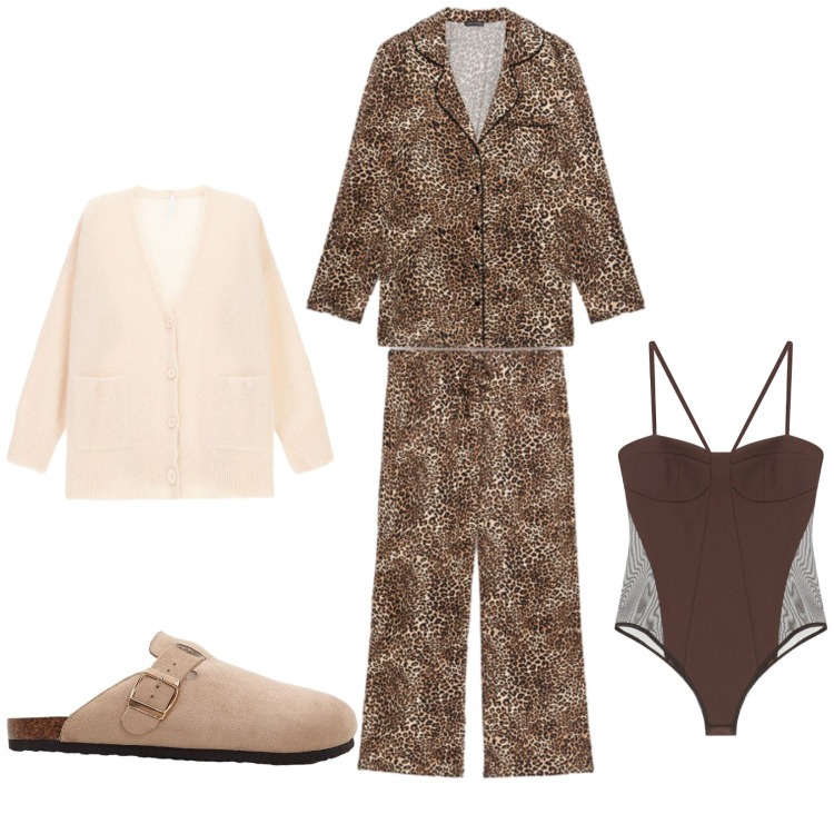 Outfit donna - Il pigiama animalier. Stile Chic per Tutti i giorni. Abbinamento con pantofole, body, cardigans, pigiama.