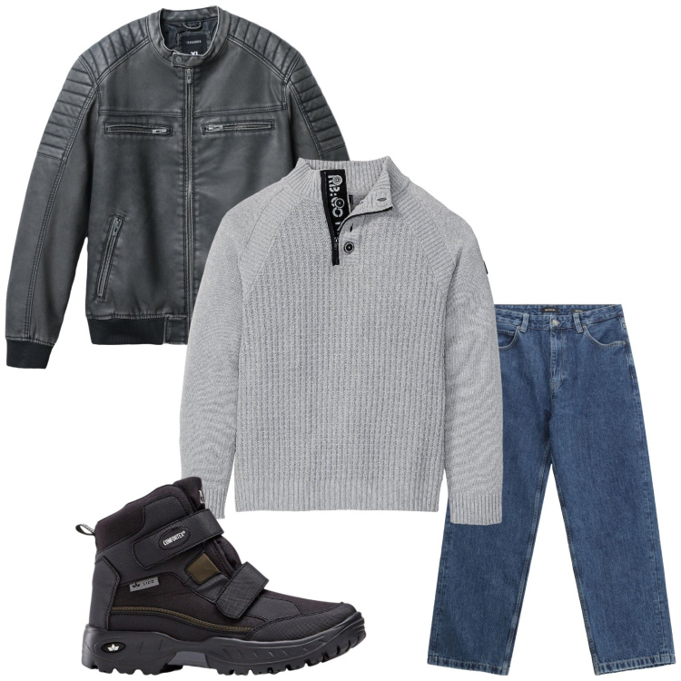 Outfit uomo - Incontro di pelle e denim. Stile Trendy per Serata speciale. Abbinamento con stivali e stivaletti, maglieria, giacche, jeans.
