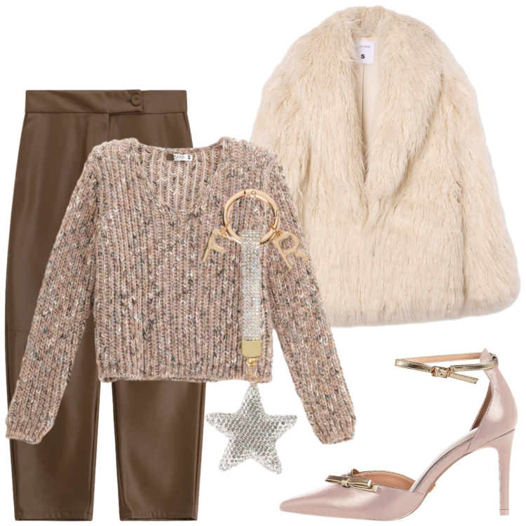 Outfit donna - Chic e calduccia. Stile Chic per Tutti i giorni. Abbinamento con maglieria, décolleté, ecopellicce, pantaloni, portachiavi.