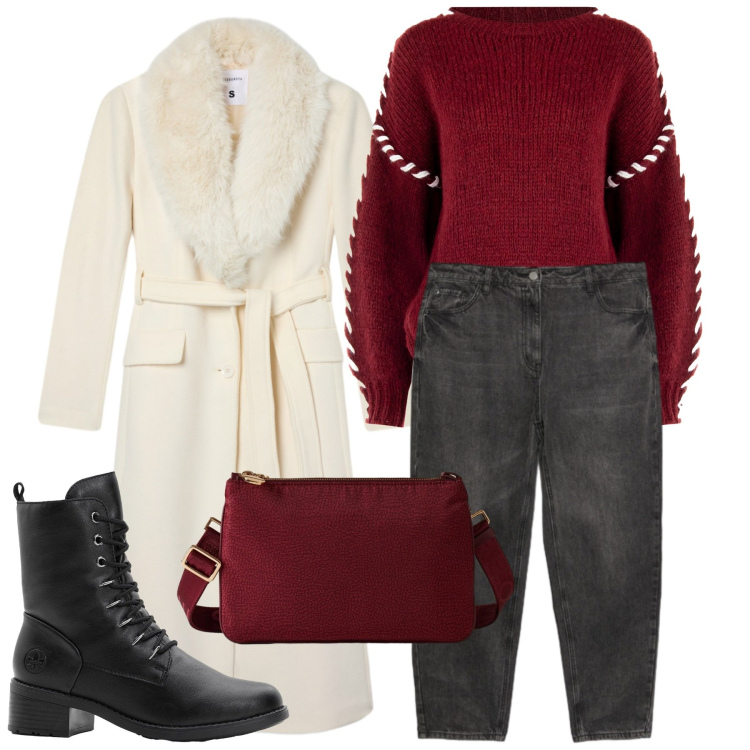 Outfit donna - Fa fresco in città. Stile Casual chic per Tutti i giorni. Abbinamento con stivaletti, maglieria, cappotti, borse a tracolla, jeans mom.