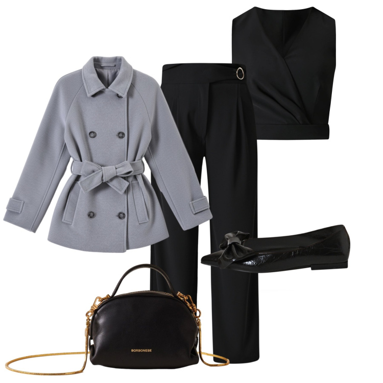 Outfit donna - Serata d’inverno. Stile Chic per Serata fuori. Abbinamento con caban, pantaloni a palazzo, top, ballerine, borse a mano.