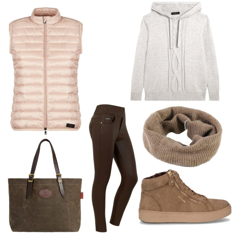 Outfit donna - Total look #2294816. Stile Casual chic per Tutti i giorni. Abbinamento con jeans skinny, maglieria, piumini, scaldacollo, borse tote, sneakers alte.