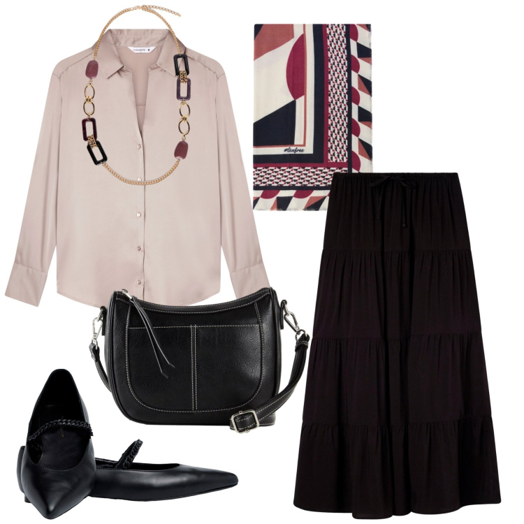 Outfit donna - Camicia e foulard. Stile Romantica per Ufficio. Abbinamento con borse a tracolla, gonne lunghe, camicie, foulard, ballerine, collane.