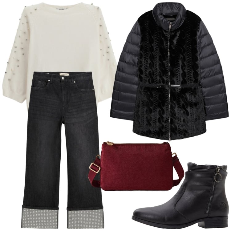 Outfit donna - Giornata in città. Stile Casual per Tutti i giorni. Abbinamento con jeans dritti, stivaletti, maglieria, borse a tracolla, piumini.