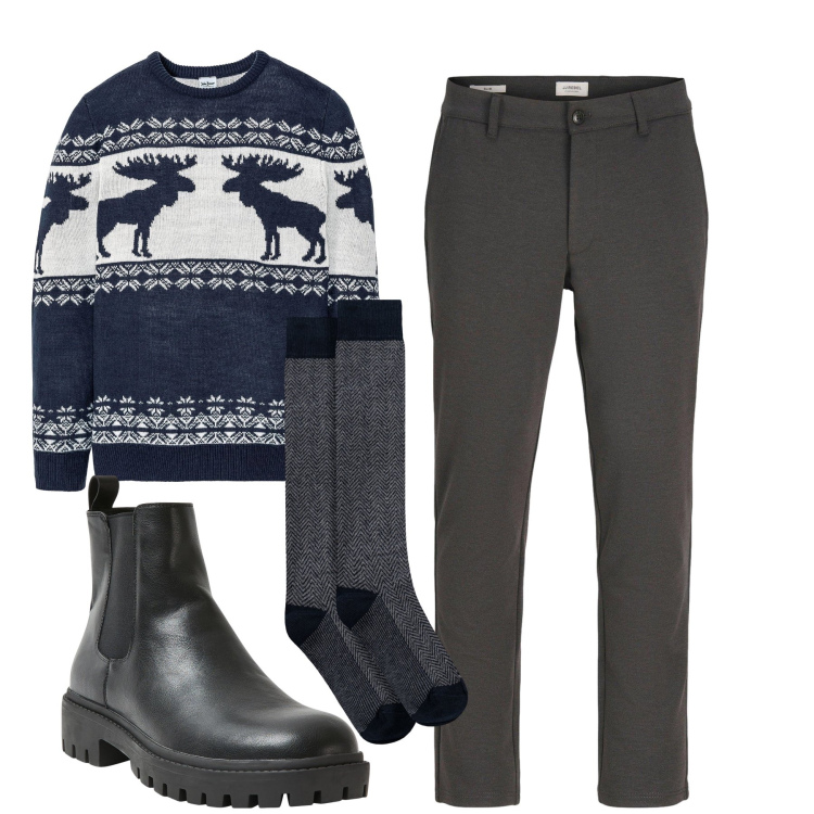 Outfit uomo - Total look #2294819. Stile Trendy per Tutti i giorni. Abbinamento con maglieria, pantaloni chino, stivali e stivaletti, calzini.