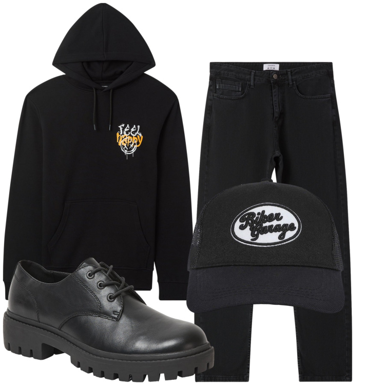 Outfit uomo - Total look #2294820. Stile Urban per Tutti i giorni. Abbinamento con scarpe stringate, felpe con cappuccio, cappelli, jeans dritti.