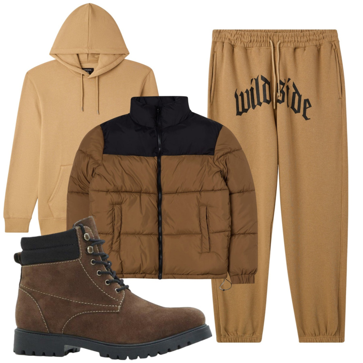 Outfit uomo - Total look #2294823. Stile Urban per Tutti i giorni. Abbinamento con stivali e stivaletti, bomber, pantaloni, felpe con cappuccio.