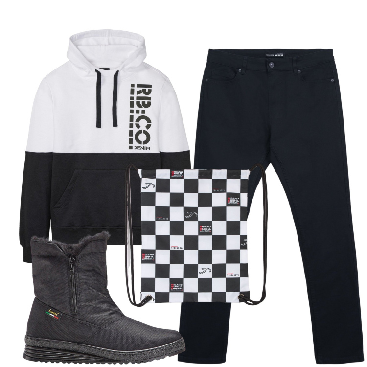 Outfit uomo - Total look #2294824. Stile Casual per Tutti i giorni. Abbinamento con stivali e stivaletti, felpe con cappuccio, borse sportive, pantaloni skinny.