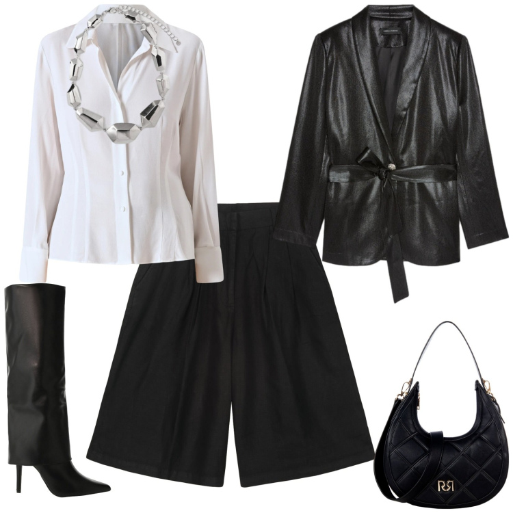 Outfit donna - Total look #2294826. Stile Chic per Serata fuori. Abbinamento con camicie, borse a tracolla, stivali, bermuda, blazer, ciondoli.