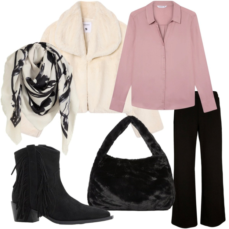 Outfit donna - Camicia e foulard. Stile Casual chic per Tutti i giorni. Abbinamento con pantaloni a palazzo, foulard, stivaletti texani, camicie, ecopellicce, borse a spalla.