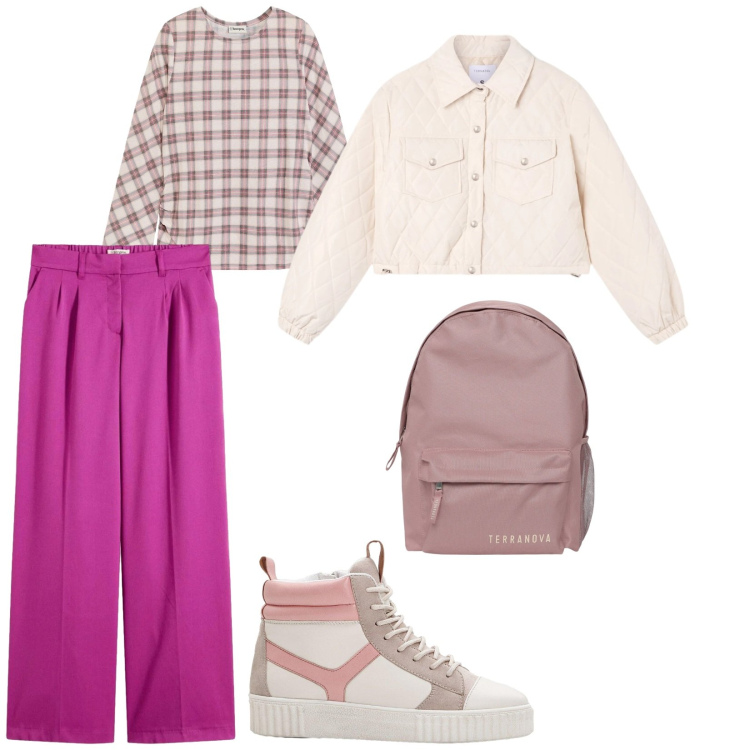 Outfit donna - Al mercato. per Tutti i giorni. Abbinamento con sneakers alte, maglieria, pantaloni a palazzo, zaini, giacche.