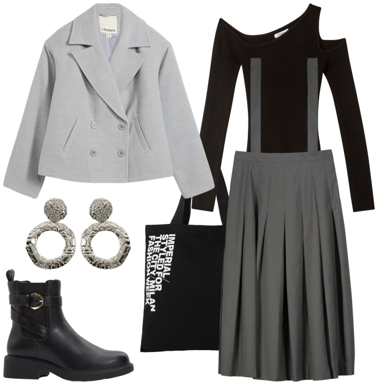 Outfit donna - Il grigio d\'autunno. Stile Casual per Tutti i giorni. Abbinamento con caban, stivaletti chelsea, maglieria, shopping bag, orecchini, gonne lunghe.