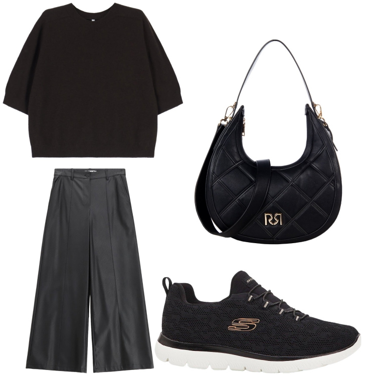 Outfit donna - Aperitivo. Stile Trendy per Tutti i giorni. Abbinamento con sneakers, pantaloni, borse a tracolla, maglieria.