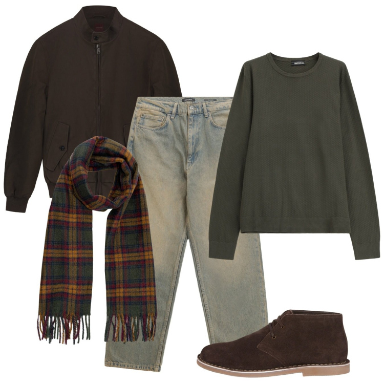 Outfit uomo - British touch. Stile Casual per Tutti i giorni. Abbinamento con jeans, maglieria, stivali e stivaletti, sciarpe, bomber.