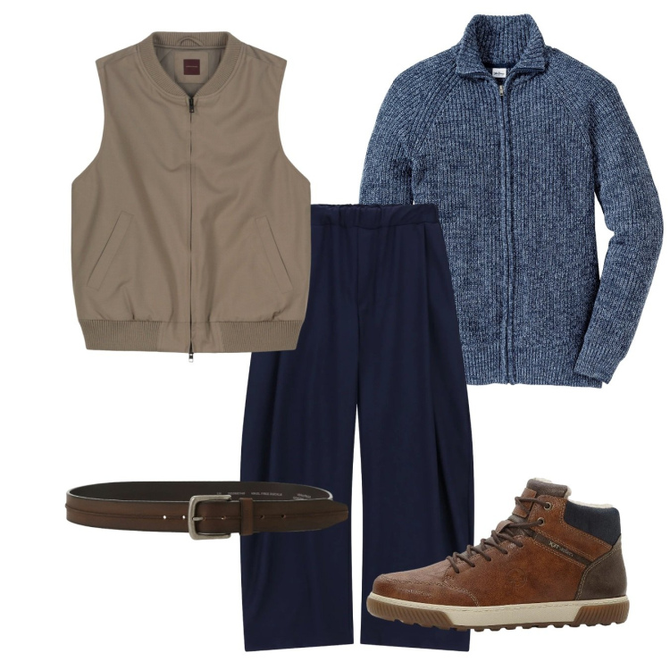 Outfit uomo - Large. Stile Trendy per Tutti i giorni. Abbinamento con sneakers alte, cardigans, pantaloni, cinture, piumini.