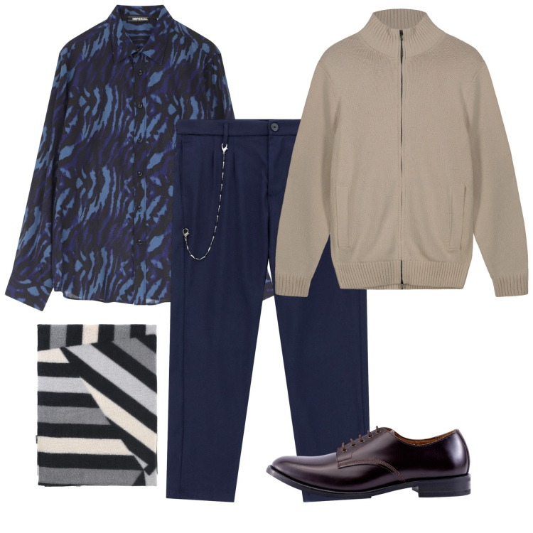 Outfit uomo - Classe. Stile Casual per Tutti i giorni. Abbinamento con pantaloni, camicie, sciarpe, scarpe stringate, cardigans.