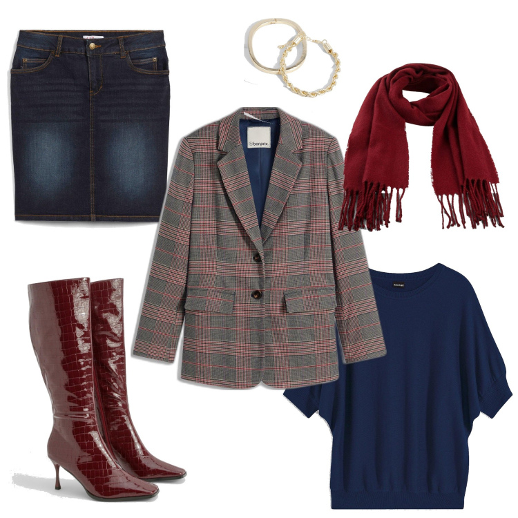 Outfit femme - Johanna. Style Chic pour Bureau. Assortir avec jupes longues, pulls, blazers, écharpes, bracelets, bottes.