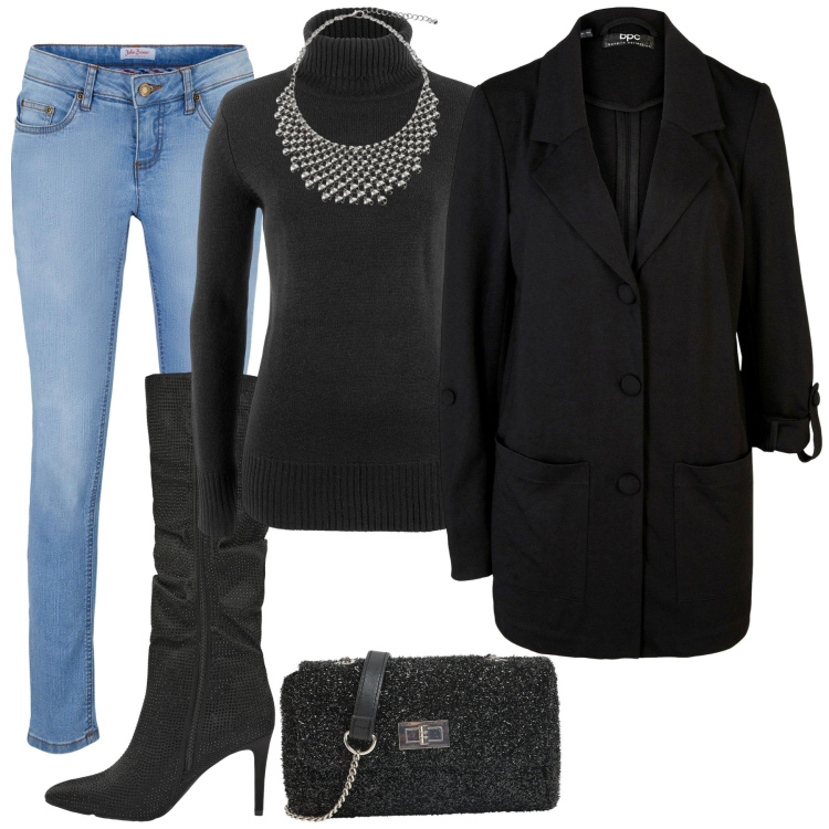 Outfit donna - Brillare con stile. Stile Glamour per Serata fuori. Abbinamento con blazer, jeans skinny, maglieria, stivali, borse a tracolla, collane.