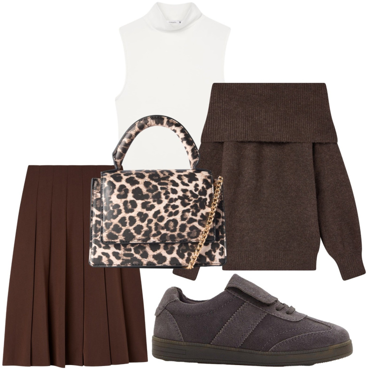 Outfit donna - Look brown. Stile Casual per Tutti i giorni. Abbinamento con sneakers, maglieria, borse a tracolla, gonne lunghe, canottiere.