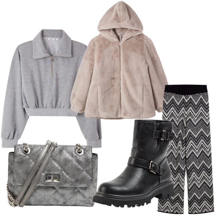 Outfit donna - Il pantalone morbido. Stile Casual per Tutti i giorni. Abbinamento con pantaloni, stivaletti, borse a tracolla, felpe, ecopellicce.