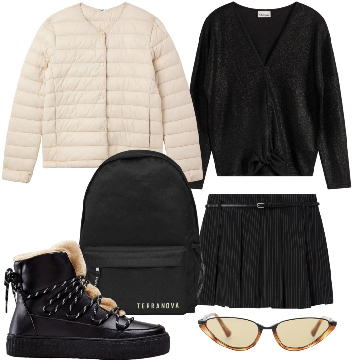 Outfit donna - School time. Stile Urban per Scuola/Università. Abbinamento con bluse, sneakers alte, zaini, minigonne, piumini, occhiali da sole.