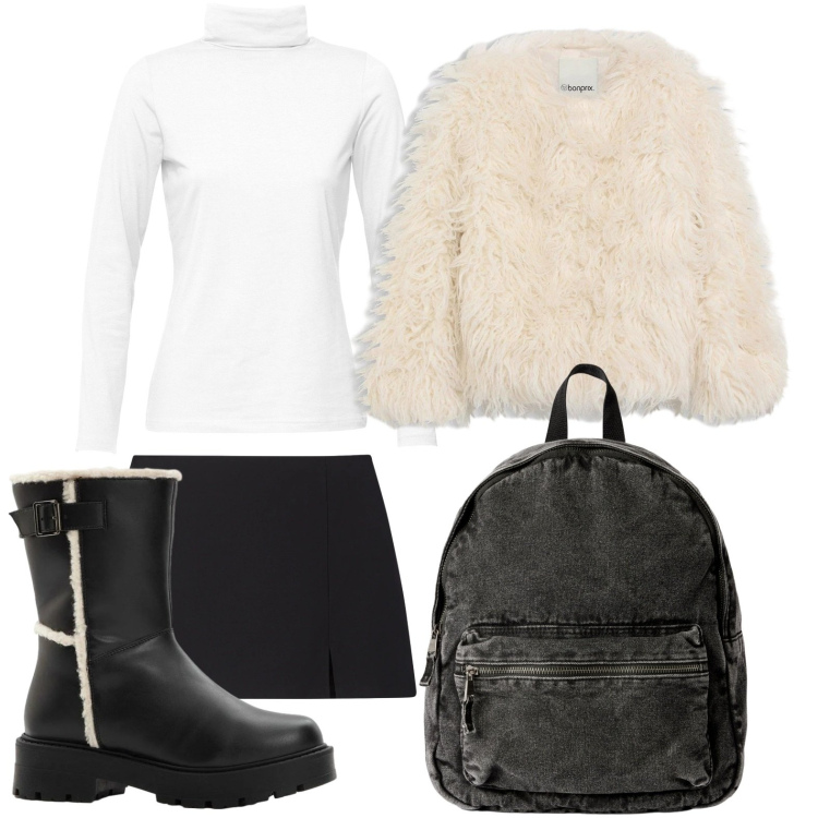 Outfit donna - La pelliccia green. Stile Urban per Scuola/Università. Abbinamento con maglieria, ecopellicce, stivali, zaini, minigonne.