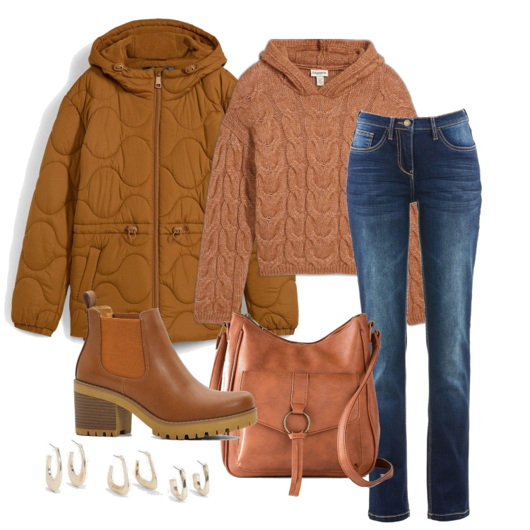 Outfit femme - Novembre. Style Casual pour Tous les jours. Assortir avec pulls, jeans, sacs en bandoulière, bottines, blazers, boucles d'oreilles.