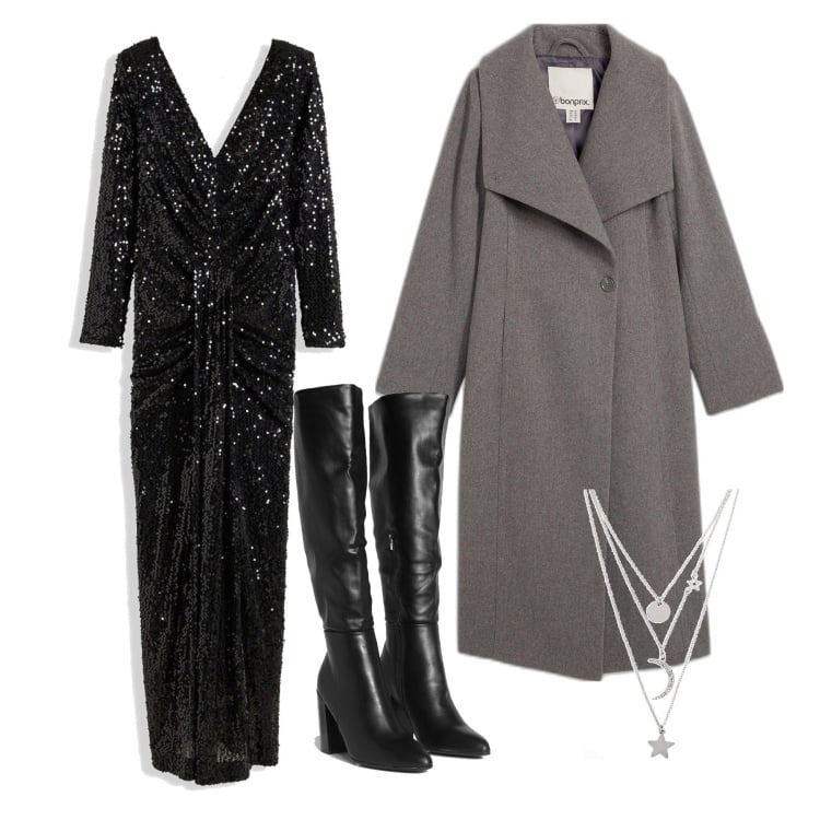 Outfit femme - Novembre. Style Glamour pour Soirée dehors. Assortir avec colliers, robes longues, manteaux, cuissardes.