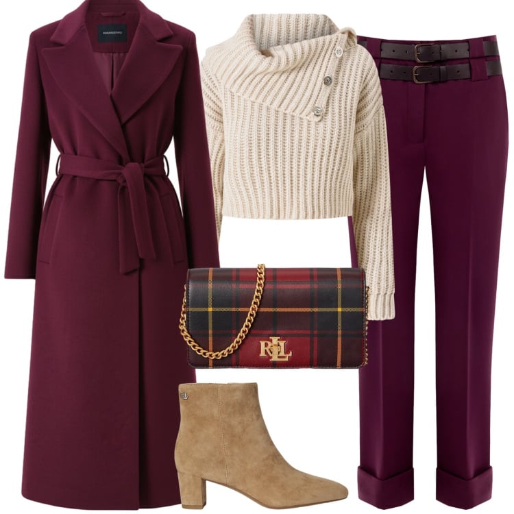 Outfit donna - Bordeaux e panna. Stile Casual chic per Ufficio. Abbinamento con cappotti, pantaloni, maglieria, stivaletti, borse a mano.