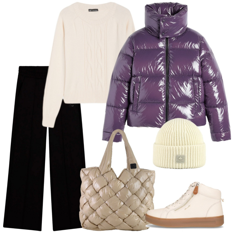 Outfit donna - Puffer jacket. Stile Casual chic per Tutti i giorni. Abbinamento con pantaloni, maglieria, berretti, borse tote, piumini, sneakers.