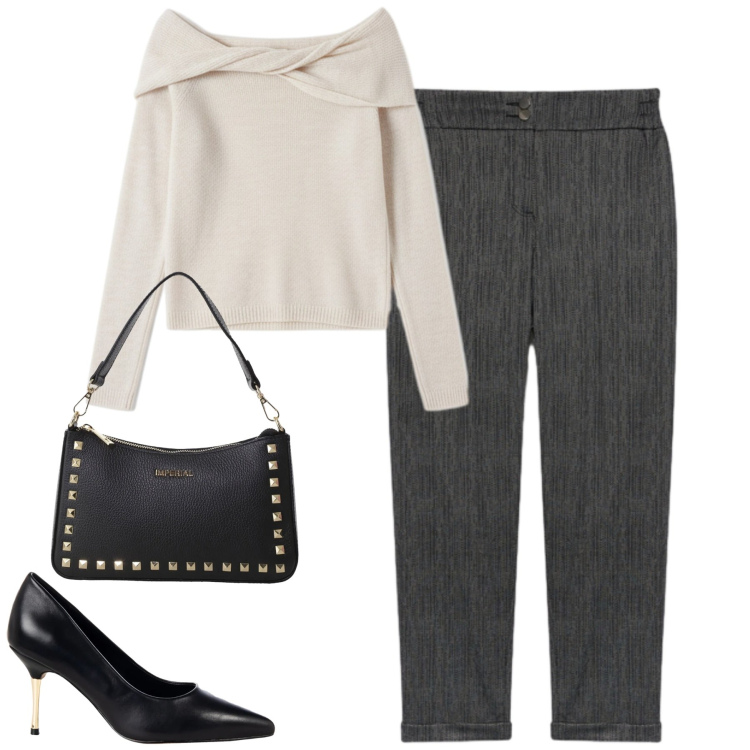 Outfit donna - City. Stile Urban per Tutti i giorni. Abbinamento con maglieria, décolleté, pochette, pantaloni.