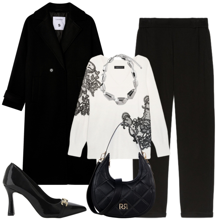 Outfit donna - City. Stile Urban per Tutti i giorni. Abbinamento con borse a tracolla, cappotti, décolleté, maglieria, pantaloni, ciondoli.