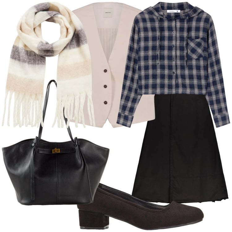 Outfit donna - Semplice ufficio. Stile Urban per Ufficio. Abbinamento con shopping bag, décolleté, camicie, sciarpe, gonne lunghe, gilet.