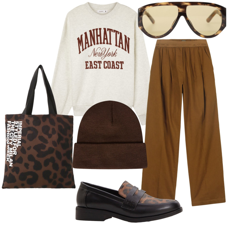 Outfit donna - Il berretto per il freddo. Stile Basic per Tutti i giorni. Abbinamento con mocassini, felpe, berretti, occhiali da sole, shopping bag, pantaloni.
