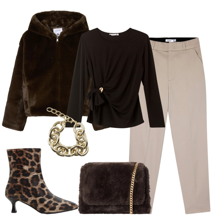 Outfit donna - City. Stile Urban per Tutti i giorni. Abbinamento con stivaletti, bluse, pantaloni chino, ecopellicce, borse a tracolla, braccialetti.