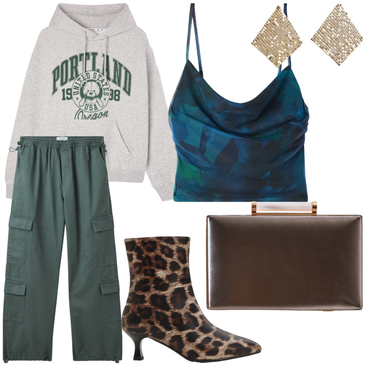 Outfit donna - Aperitivo in felpa e top. Stile Glamour per Serata fuori. Abbinamento con stivaletti, clutch, felpe con cappuccio, pantaloni cargo, orecchini, canottiere.