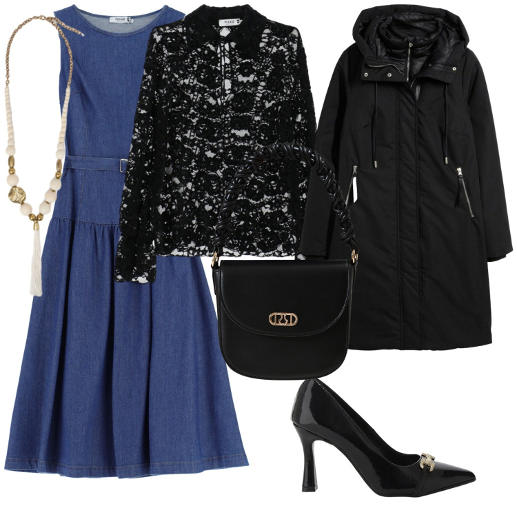 Outfit donna - Aggiungo una blusa e vado a cena. Stile Trendy per Serata fuori. Abbinamento con piumini, camicie, vestiti lunghi, borse a mano, décolleté, ciondoli.