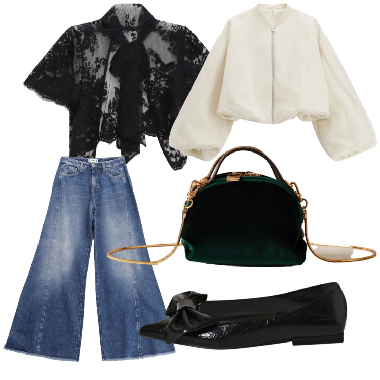 Outfit donna - Apericena sportivamente chic e glam. Stile Sporty chic per Serata fuori. Abbinamento con jeans a zampa, ballerine, top, bomber, borse a mano.