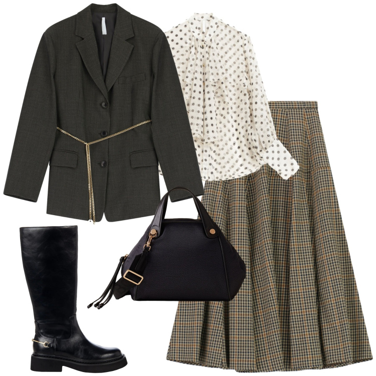 Outfit donna - City. Stile Urban per Tutti i giorni. Abbinamento con stivali sopra il ginocchio, gonne lunghe, camicie, blazer, borse a mano.
