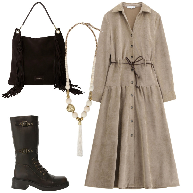 Outfit donna - City. Stile Casual chic per Tutti i giorni. Abbinamento con vestiti lunghi, stivali, borse a spalla, ciondoli.