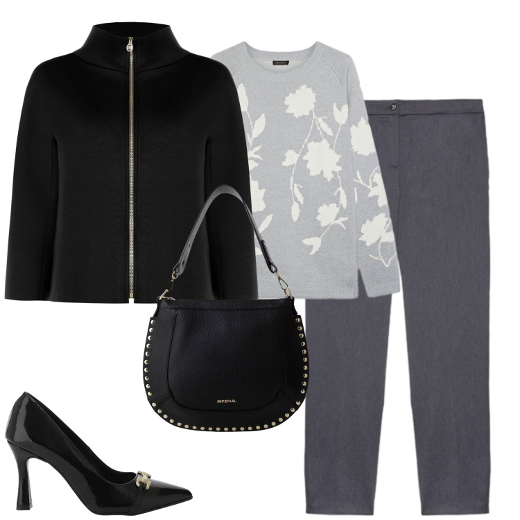 Outfit donna - City. Stile Urban per Tutti i giorni. Abbinamento con cappe, décolleté, borse a spalla, pantaloni, maglieria.